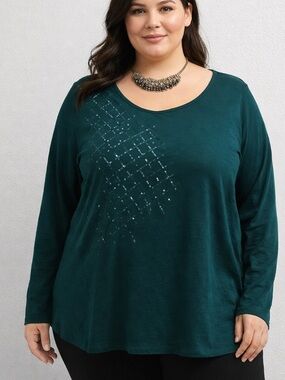 😍SHOW SPECIAL Green Long Sleeve Stretch Top with Sequins 2X